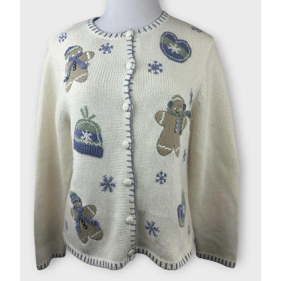 Croft & Barrow Gingerbread Knit Cardigan Sweater Winter Snow Ramie Blend Medium - Picture 16 of 16